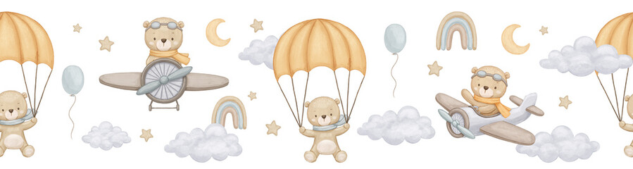 Seamless border with cute baby bear in neutral colors Bear pilot on airplane, hand drawn watercolor illustration on repeat background © Elena