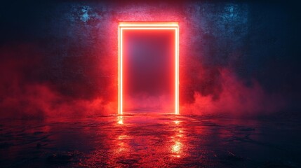 Futuristic Neon Door Frame in Virtual Space. Generative AI