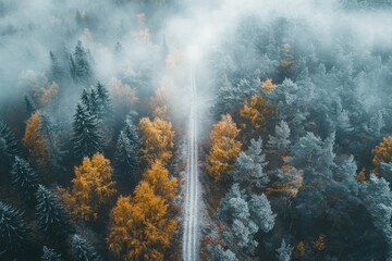 Mysterious Foggy Forest Path in Autumn: Ideal for Nature and Mood Setting