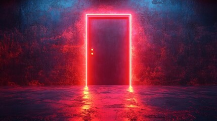 Futuristic neon doorway in an abstract geometric space. Generative AI