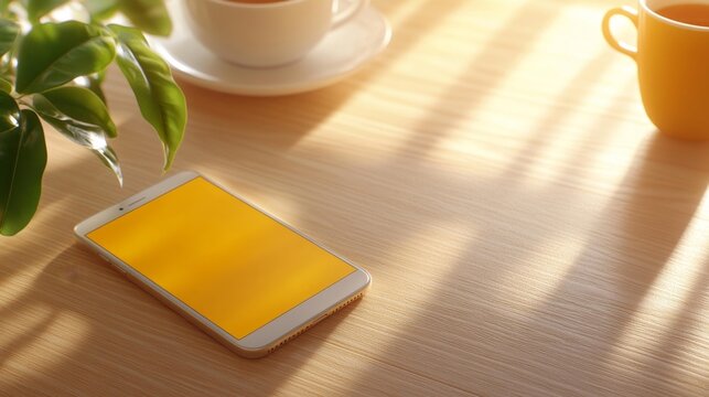 Digital tax tracker app on a smartphone with a clean office desk and a tea cup. Generative AI