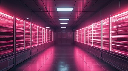 Fototapeta premium Empty commercial freezer with clean shelves and bright lighting