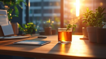 Tablet and Tea in a Cozy Office Setting. Generative AI