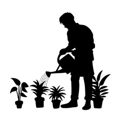 Silhouette of a Person Watering Potted Plants