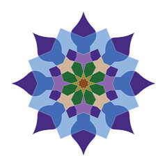 Colorful Islamic ornamental mandala. Modern Islam, Arabic decoration motifs. Purple and blue geometric mandala star.