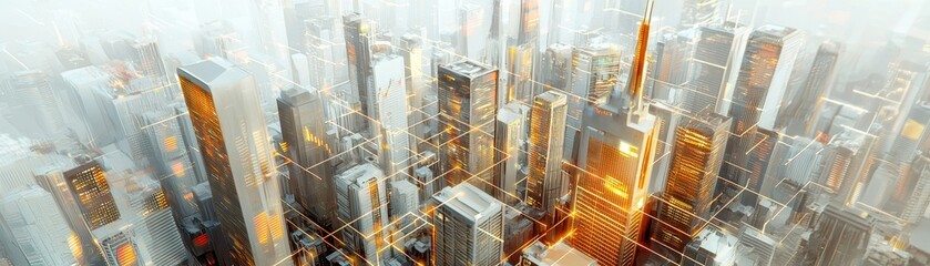 Obraz premium Aerial view of a vibrant city skyline with modern skyscrapers glowing under sunlight, showcasing urban architecture and a bustling atmosphere.