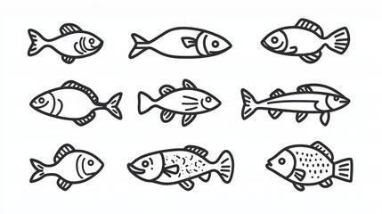 Fish silhouette isolated icons with lettering. Vector seafood and fishing club, perch and fry fish chips, flounder and tuna. Pike, marlin, catfish and salmon, bream
