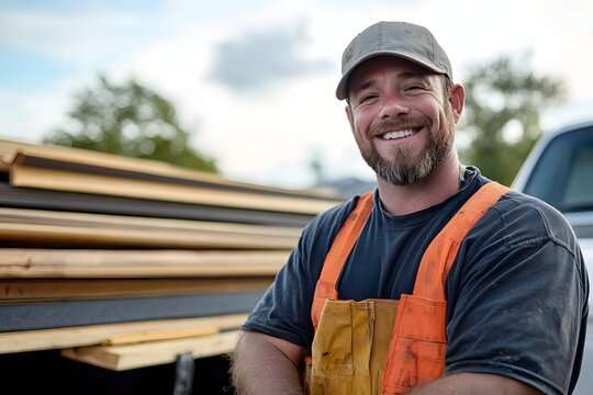 A smiling roofer standing next to a truck