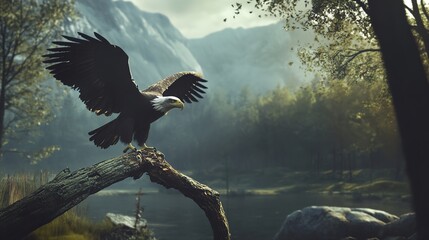Fototapeta premium Majestic Eagle Soaring in Mountain Lake Landscape
