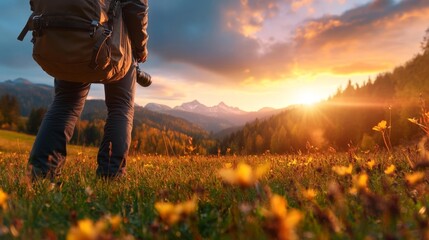 Videographer capturing outdoor footage during sunset. Generative AI