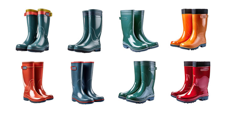 Colorful Rubber Boots Collection on Transparent Background