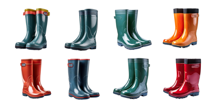 Colorful Rubber Boots Collection on Transparent Background