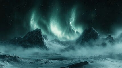 Ethereal Arctic Landscape Mystical Aurora Borealis over Frozen Mountains