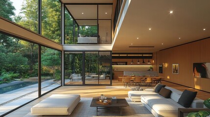 Fototapeta premium Modern living room with large windows and lush greenery. Generative AI