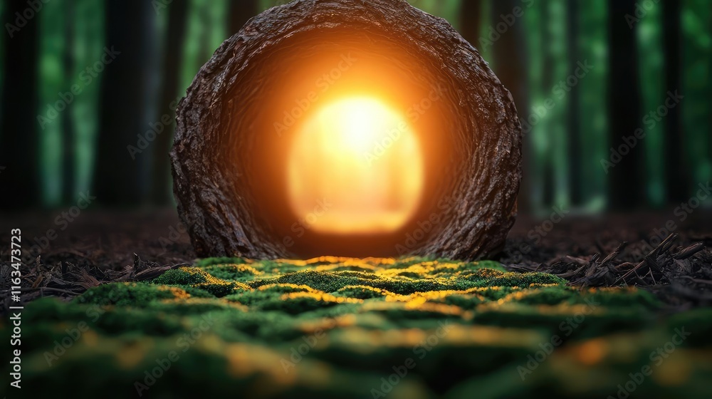 Poster Mystical nature concept. A captivating view through a tree trunk, revealing a glowing light in a serene forest.