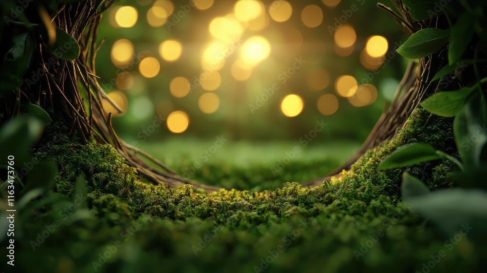 Poster mystical nature concept. a serene view of nature with glowing lights filtering through a lush, green