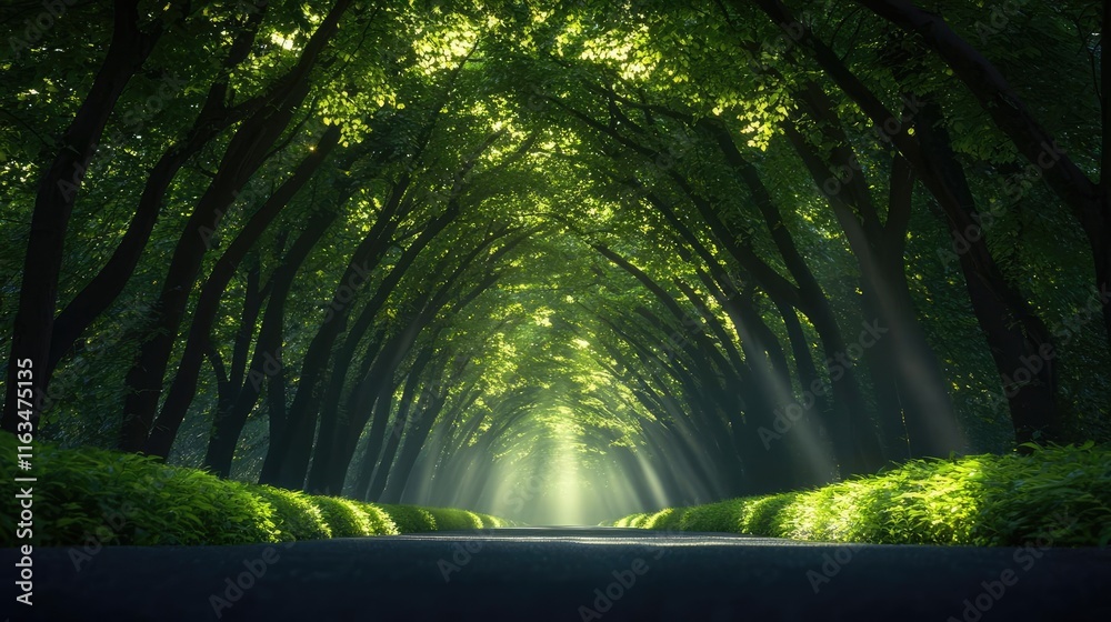 Poster mystical nature concept. serene forest pathway with sunlight filtering through lush green trees.