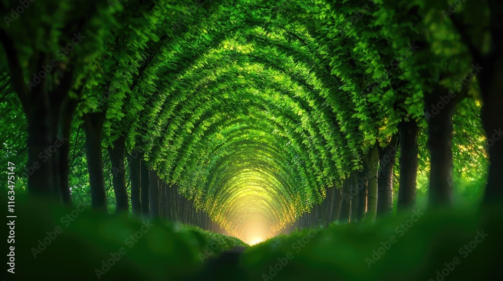 Poster mystical nature concept. serene forest pathway lined with lush green trees, inviting calm and tranqu