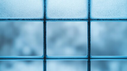 Close-up of frosted blue window glass. Macro shot of blue object.