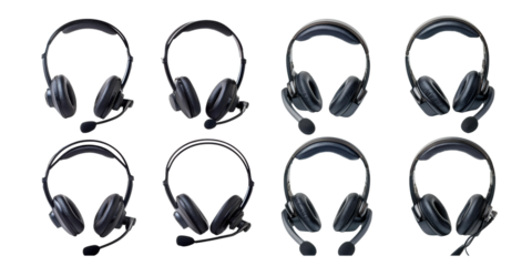Variety of Black Headsets with Transparent Background