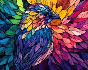 Obraz premium Colorful bird amidst vibrant, abstract leaves.