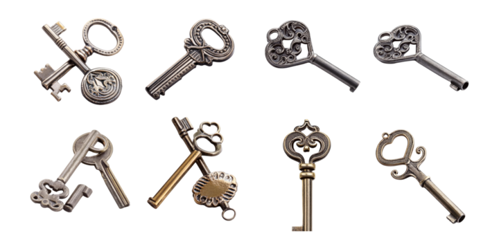 Vintage Keys Collection on Transparent Background