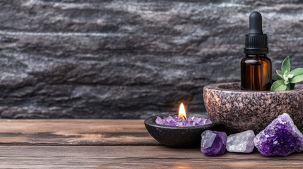 Aromatic essential oil bottle with crystals and a lit candle on a rustic wooden table against a textured stone background