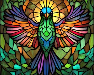 Colorful bird in stained-glass style artwork.