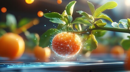 Futuristic smart orchard with digital holograms and geometric fruit design. Generative AI