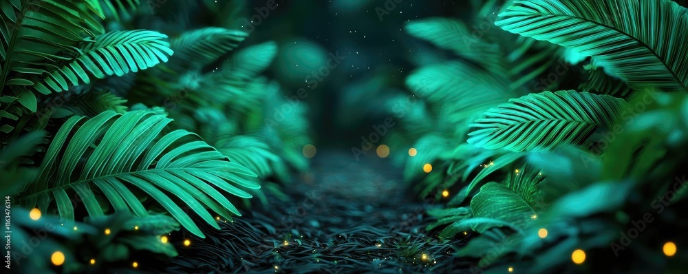Poster mystical tropical concept. lush green foliage lining a mystical path illuminated by soft glowing lig