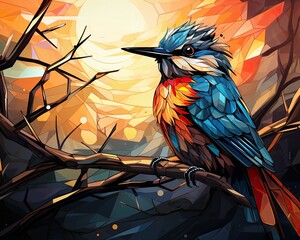 Obraz premium Colorful bird perched on a branch at sunset, low-poly art style.