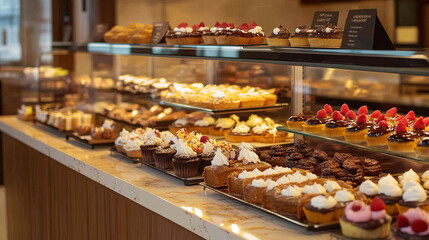 Desserts and bakery shop cakes vector poster template. Patisserie sweet biscuits, chocolate donut or gingerbread cookie and brownie pudding, muffin and cupcakes for cafeteria or cafe menu