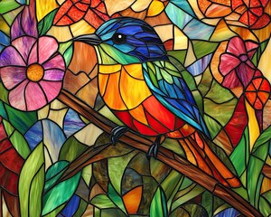 Colorful bird perched on branch amidst vibrant stained-glass flowers.