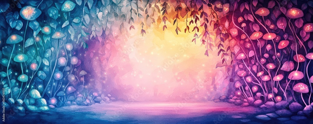Poster Mystical lush idea. A vibrant and mystical pathway illuminated by colorful fungi and ethereal light.