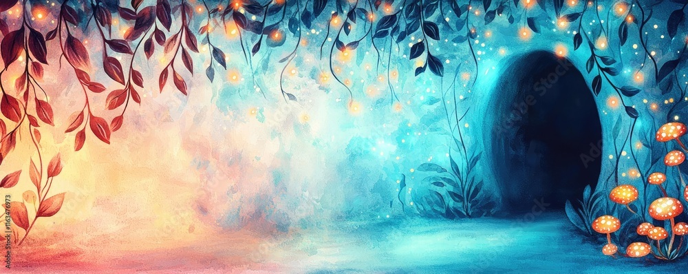 Poster mystical lush idea. a mystical pathway framed by luminous flowers and ethereal mist leading into the
