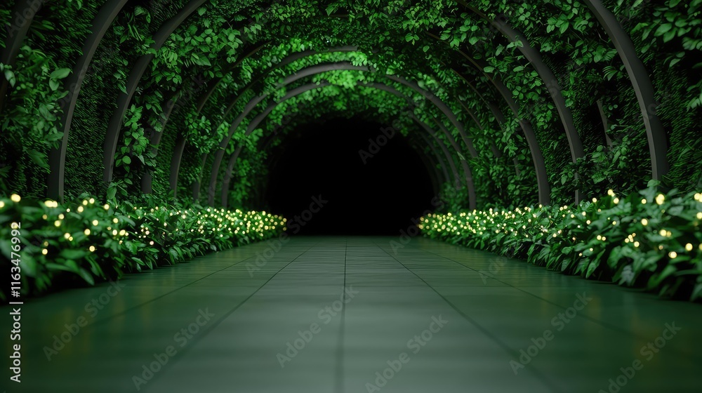 Poster mystical lush idea. a tranquil green tunnel adorned with lush foliage and glowing lights, inviting e