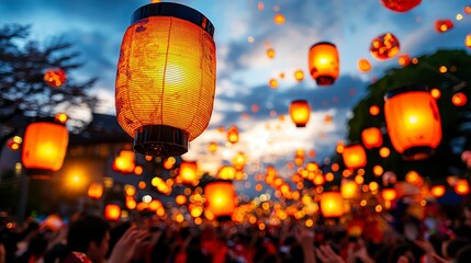 Obraz premium Illuminated lanterns illuminated at a vibrant festival, creating a magical atmosphere filled with joy and celebration