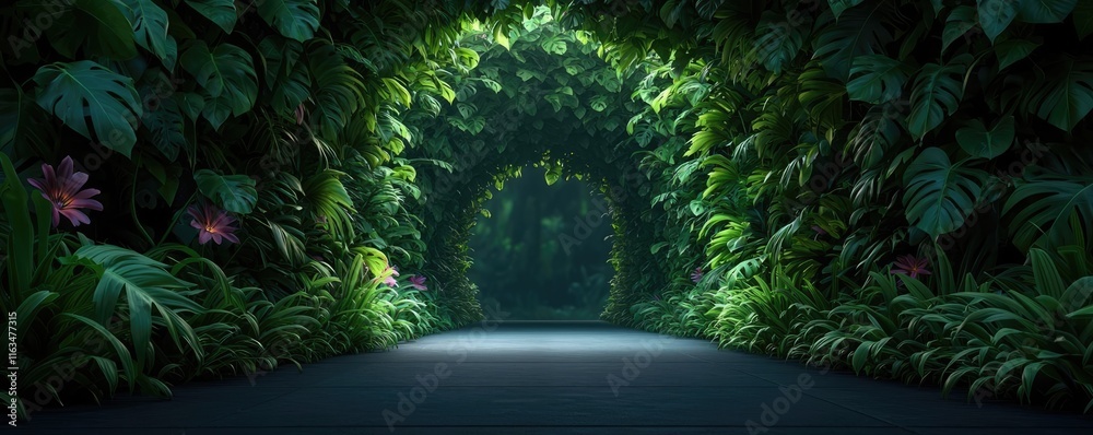 Aufkleber mystical lush idea. a serene pathway surrounded by lush greenery and vibrant flowers in a tranquil s