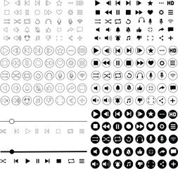 Media player icon set. Multimedia music audio control Media player interface symbol Play pause skip stop vector collection isolated on transparent background for mobile app website UI operation