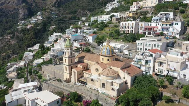 Aerial view of Praiano coastline and Parish Church of Saint Januarius on a sunny summer day, Amalfi Coast Italy, Europe