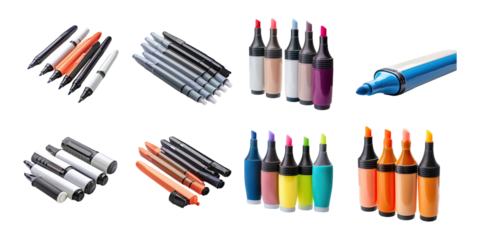 Colorful Markers and Pens on Transparent Background