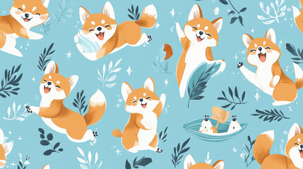 Cartoon japanese Shiba Inu dog characters seamless pattern. Wallpaper or fabric seamless background, wrapping paper print or vector pattern with kawaii Shiba Inu dancing, eating and surfing personages