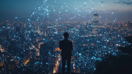 Silhouette of a Businessperson Contemplating a Connected Cityscape at Night