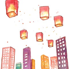 Watercolor painting of colorful sky lanterns floating over a cityscape.