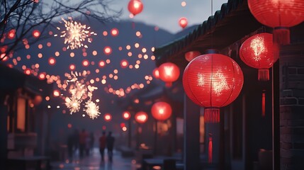 A Quiet Rural Village Celebrating New Year with Red Lanterns and Traditional Decorations