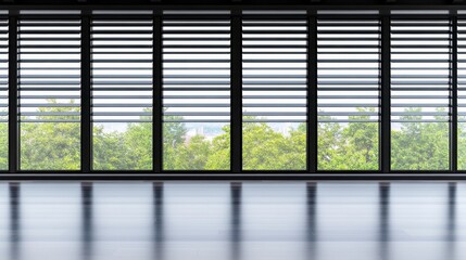 Fototapeta premium Modern empty room with large windows showcasing a serene green landscape outside, featuring stylish blinds and polished flooring