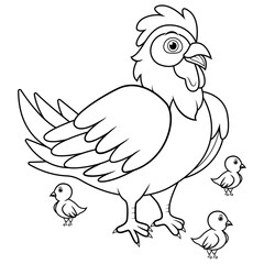Cartoon hen with her baby chicks line art