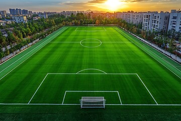 Obraz premium Sunset Over A Green Soccer Field Near City Buildings