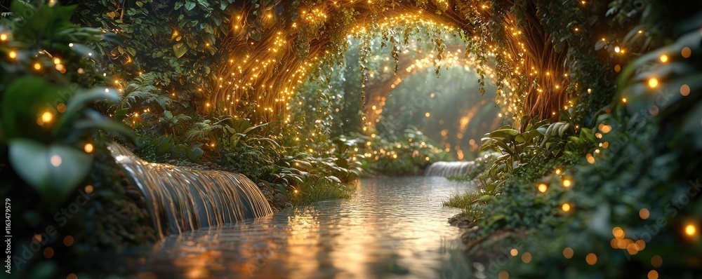 Poster mystical nature concept. a serene forest scene with glowing lights and a tranquil river flowing thro