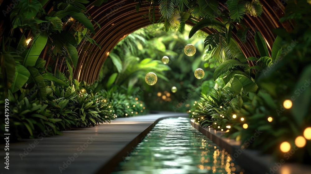Poster mystical tropical concept. a tranquil pathway through lush greenery, illuminated by soft lights and 
